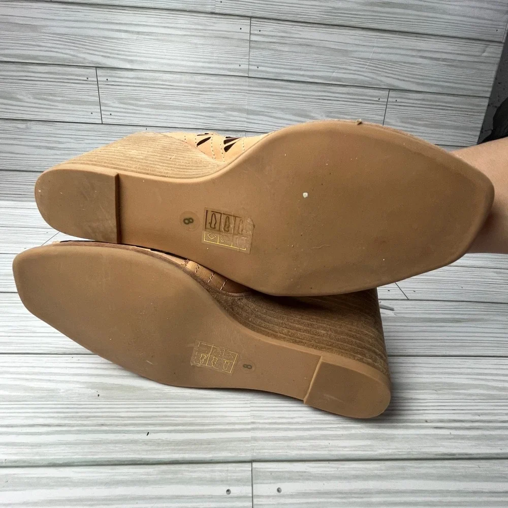 Jeffrey‎ Campbell Rodillo Cutout Leather Wedge Peep Toe Sandals Tan Womens 8